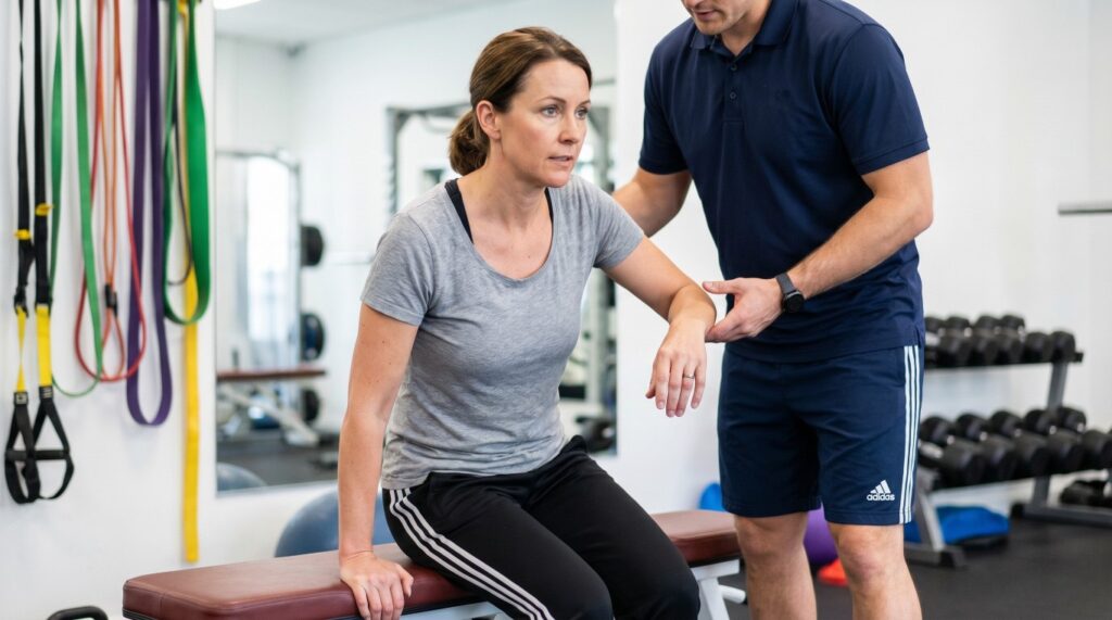 A fitness professional supporting a client through a sit-to-stand exercise from a chair.